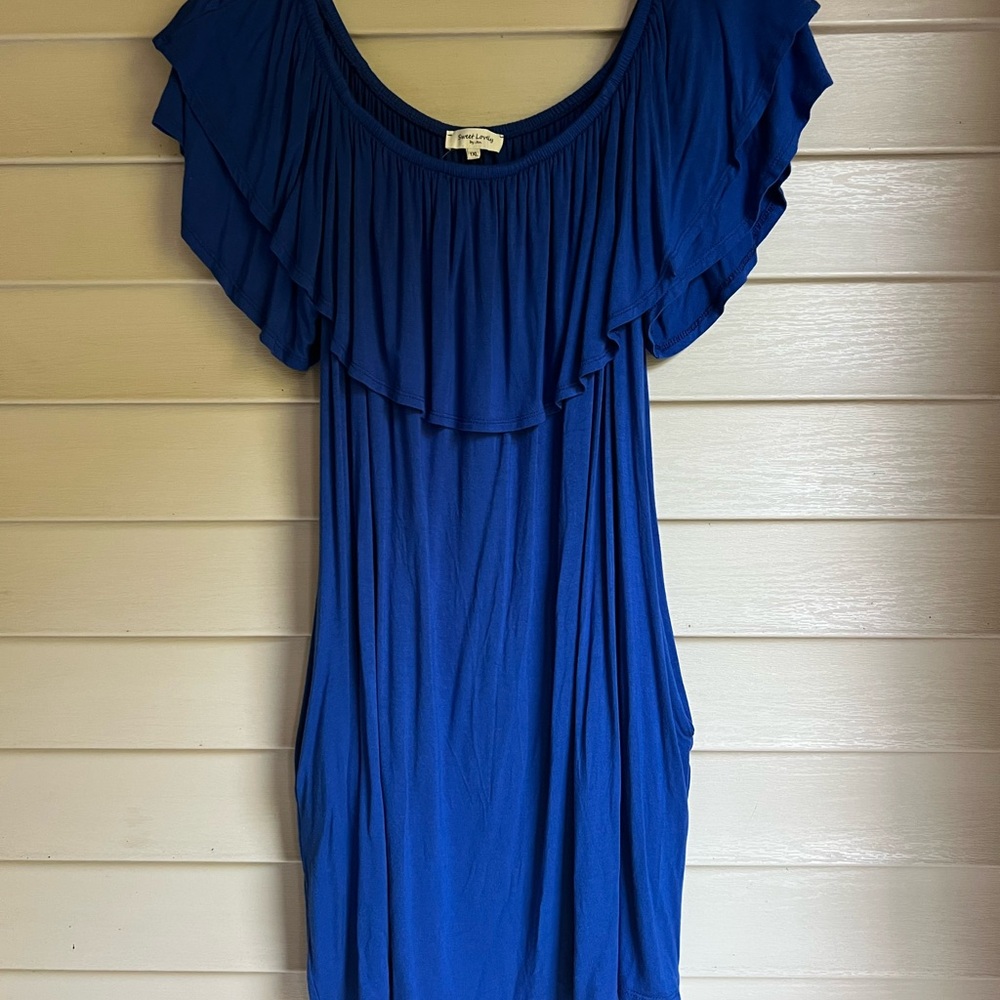 Blue Ruffled Off-Shoulder Tunic Size 1X